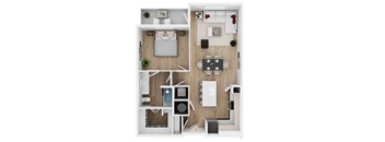 A top-down view of a small apartment with a kitchen, living room, and bedroom.
