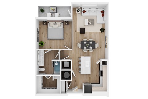 A top-down view of a small apartment with a kitchen, living room, and bedroom.