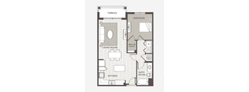 a floor plan of a studio apartment with a bedroom and living room