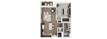 A top-down view of a modern apartment layout with a living room, kitchen, and bedroom.