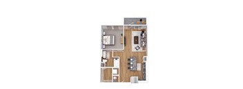 A top-down view of a small apartment with a kitchen, living room, and bedroom.