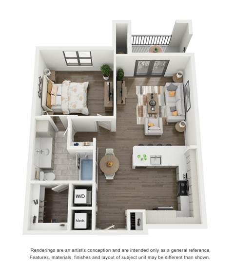a stylized floor plan with a bedroom and a living room