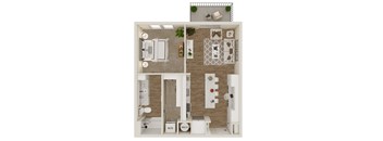 A floor plan of a small apartment with a kitchen, living room, and bathroom.