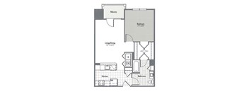 A floor plan of a small apartment with a living room, dining room, kitchen, bathroom, and bedroom.