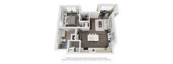 A 3D floor plan of a house with a kitchen, living room, and bathroom.