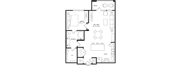 A floor plan of a house with a living room, dining room, kitchen, and bathrooms.