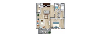 A 3D floor plan of a house with a living room, kitchen, dining room, and bedrooms.