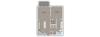 A floor plan of a house with a kitchen, living room, and bathroom.