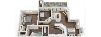 A top-down view of a modern, open-plan apartment layout.