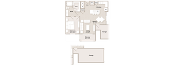 A floor plan of a house with a garage, living room, dining room, kitchen, and bathroom.