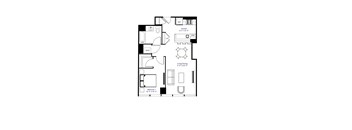 A black and white floor plan of a small apartment with a kitchen, living room, and bedroom.