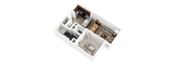 A white floor plan of a house with a kitchen, living room, and two bedrooms.