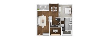 A top-down view of a small apartment with a kitchen, living room, and bathroom.