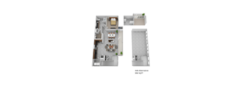 A floor plan of a two-story apartment with a living room, kitchen, and dining area.