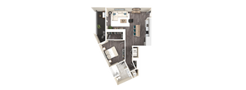A top-down view of a house layout with a living room, kitchen, and bathrooms.