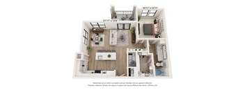 A 3D floor plan of a two-bedroom apartment with a living room, kitchen, and bathroom.