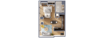 A top-down view of a living room with a couch, a coffee table, and a rug.