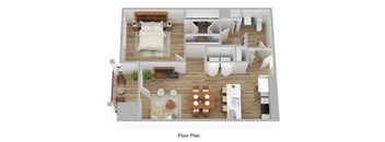 A floor plan of a house with a bedroom, living room, kitchen, and dining area.