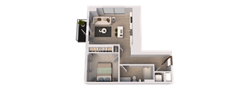 A 3D floor plan of a small apartment with a bedroom, living room, and kitchen.