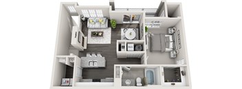 A 3D floor plan of a small apartment with a kitchen, living room, and bathroom.