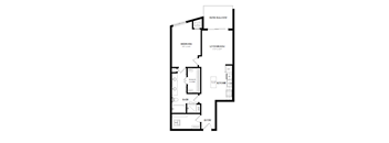 A black and white image of a floor plan for a home with a patio balcony, bedroom, living room, kitchen, bathroom, and entry.