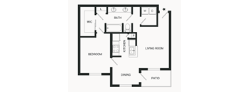A floor plan of a house with a living room, dining area, kitchen, and bedroom.