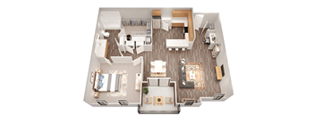 A top-down view of a modern apartment layout with a kitchen, living room, dining area, and bedrooms.