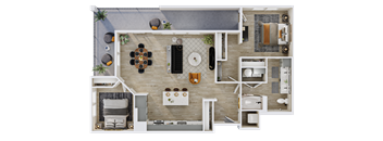A top-down view of a modern apartment layout with a dining area, kitchen, living room, and bathroom.