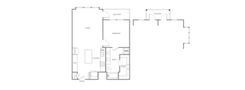 A floor plan of a house with a living room, two bedrooms, a kitchen, a bathroom, a study, a cloakroom, a laundry room, and two balconies.