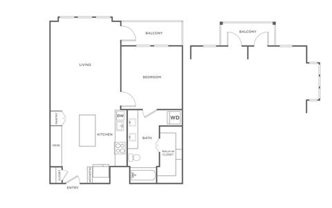 A floor plan of a house with a living room, two bedrooms, a kitchen, a bathroom, a study, a cloakroom, a laundry room, and two balconies.
