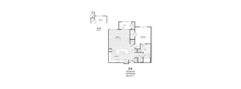 A floor plan of a one bedroom apartment with a living room and kitchen.