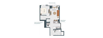 A diagram shows a floor plan of a living space with a bedroom, living room, and countertops.
