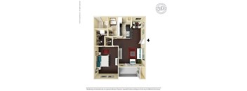 A 3D floor plan of a small apartment with a kitchen, living room, and bathroom.