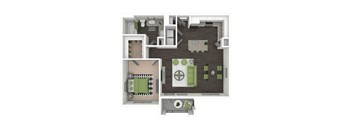A 3D floor plan of a house with a living room, kitchen, and bathroom.