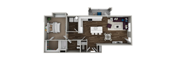 A 3D floor plan of a house with a kitchen, living room, dining room, and bathroom.