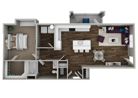 A 3D floor plan of a house with a kitchen, living room, dining room, and bathroom.