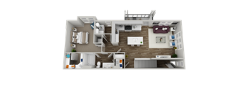 A 3D rendered image of a house layout.