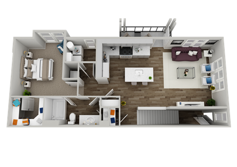 A 3D rendered image of a house layout.