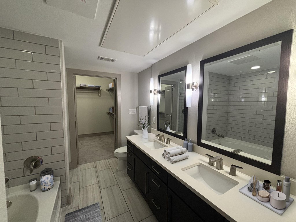 a bathroom with two sinks and a large mirror