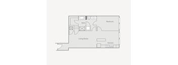 A floor plan of a living space with a kitchen, bathroom and bedroom.