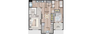 A floor plan of a house with a bath, closet, bedroom, kitchen, pantry, and great room.