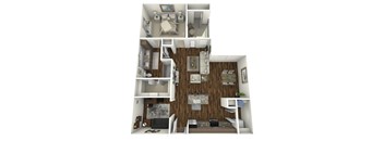 A 3D floor plan of a small apartment with a living room, kitchen, and bedroom.
