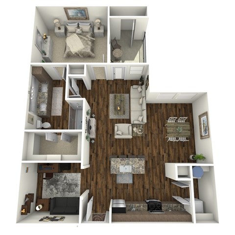 A 3D floor plan of a small apartment with a living room, kitchen, and bedroom.