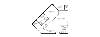 A floor plan of a house with a living room, dining room, kitchen, bedroom, and bathroom.