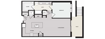 A floor plan of a house with a living room, dining room, kitchen, pantry, two bedrooms, a bathroom, and a closet.