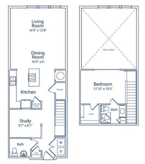 A floor plan of a house with a living room, dining room, kitchen, study, and bedroom.