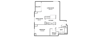 A floor plan of a house with a balcony, living room, dining room, kitchen, bedroom, bath, and walk-in closet.