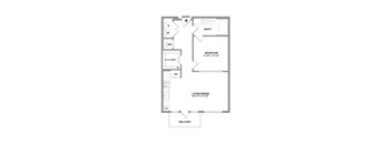 A floor plan of a small apartment with a bedroom, bathroom, living room, and balcony.