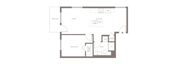 A floor plan of a home with a living room, kitchen, bedroom, and bathroom.