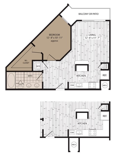 A floor plan of a two bedroom apartment with a balcony.
